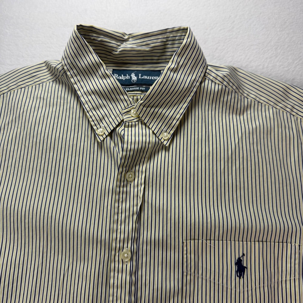 Ralph Lauren Classic Fit Striped Button Down Shirt Yellow Navy Blue Mens 16.5 - Picture 1 of 9